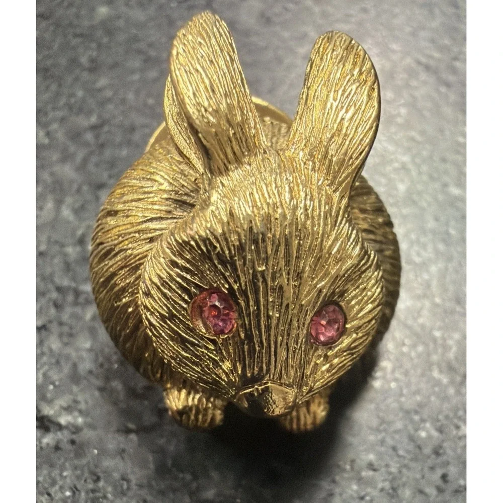 Vintage Gold Crown Bunny Rabbit Pin Pinback Bobblehead Pink Rhinestone Eyes